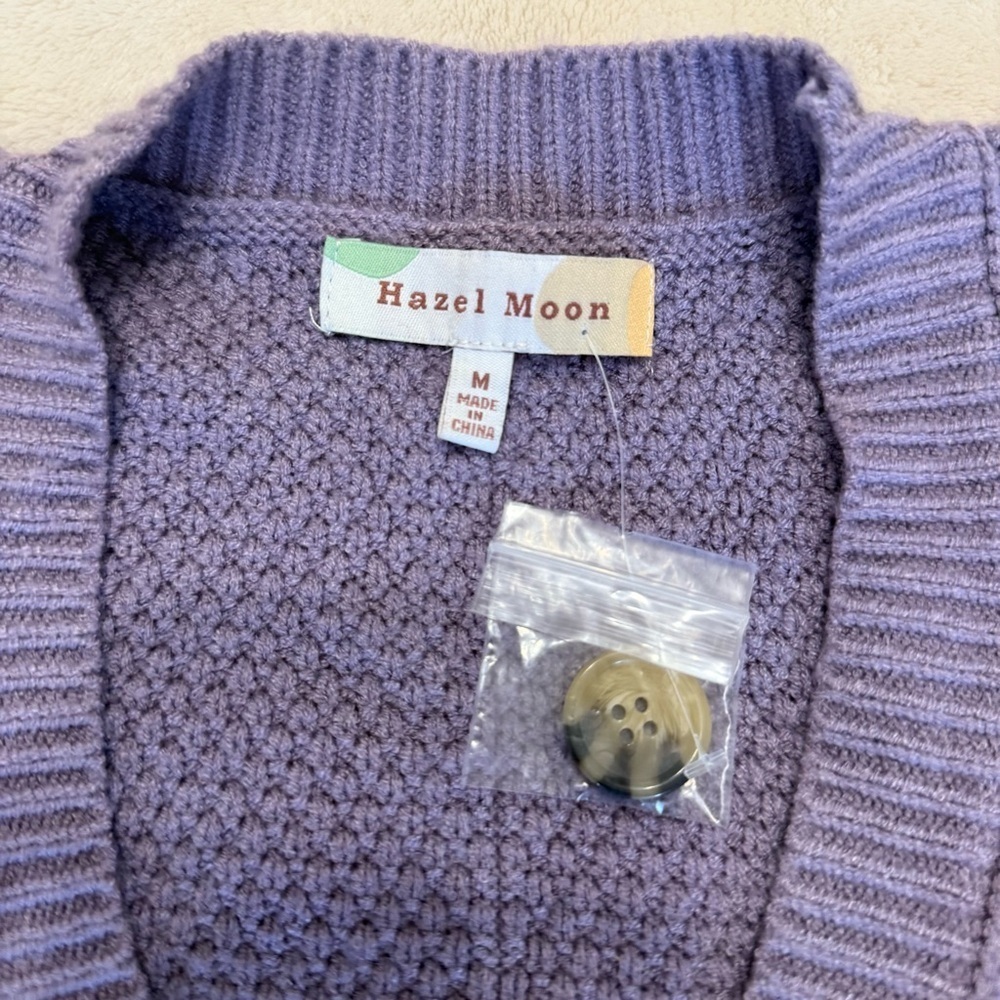 Hazel Moon Purple Cable Knit Cardigan Vest Medium / M RN#159567 NWT - Picture 2 of 5